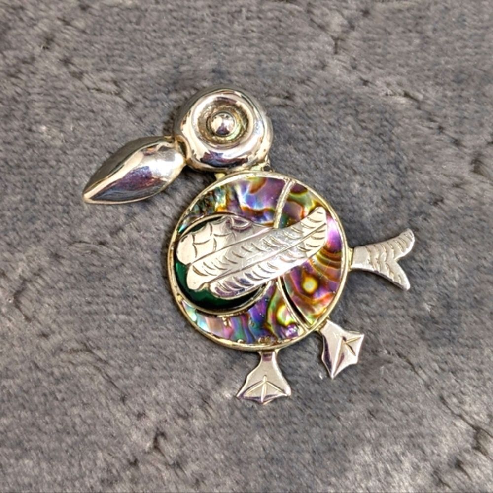 Vintage /Rare Mexico Sterling Silver & Abalone Whimsical Toucan Brooche - Picture 3 of 10